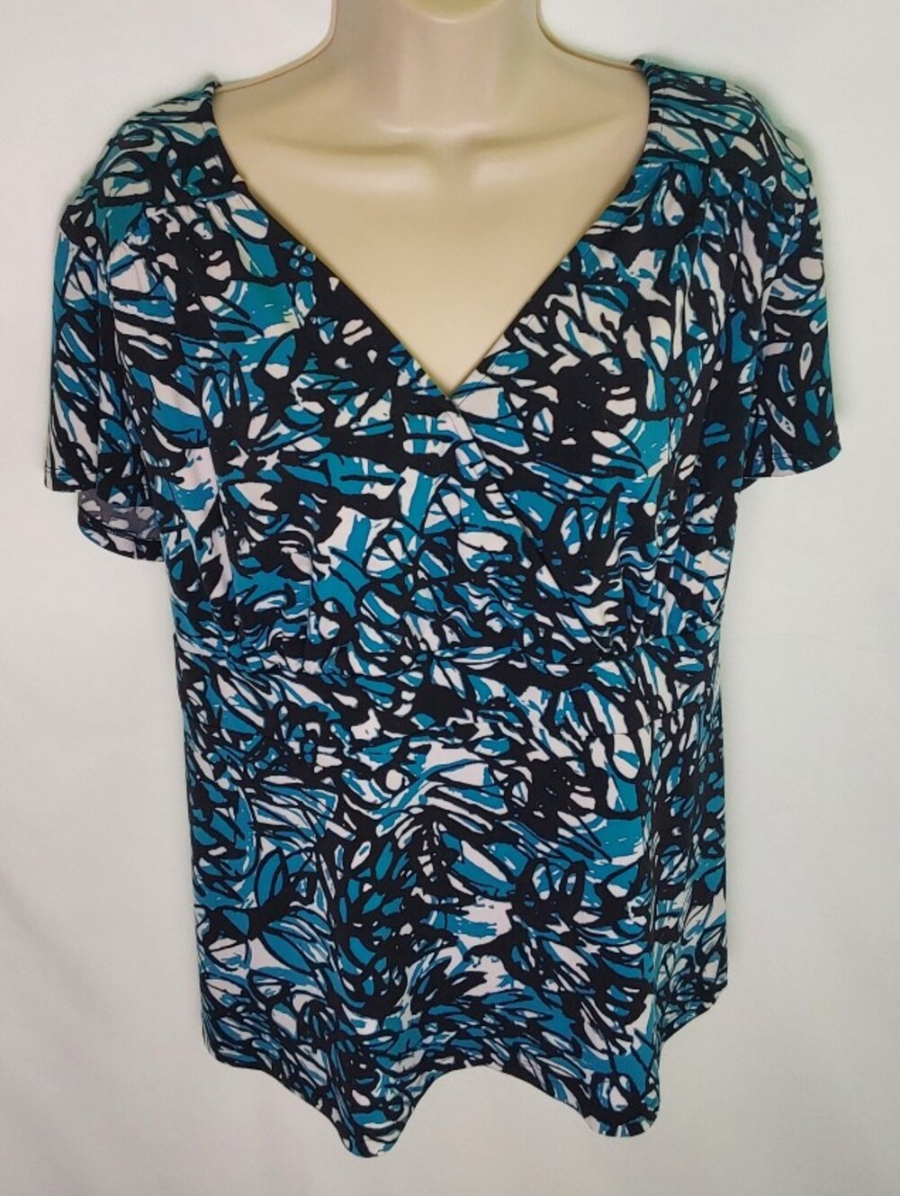 Merona Teal Black White Abstract V-Neck Short Sleeve Top